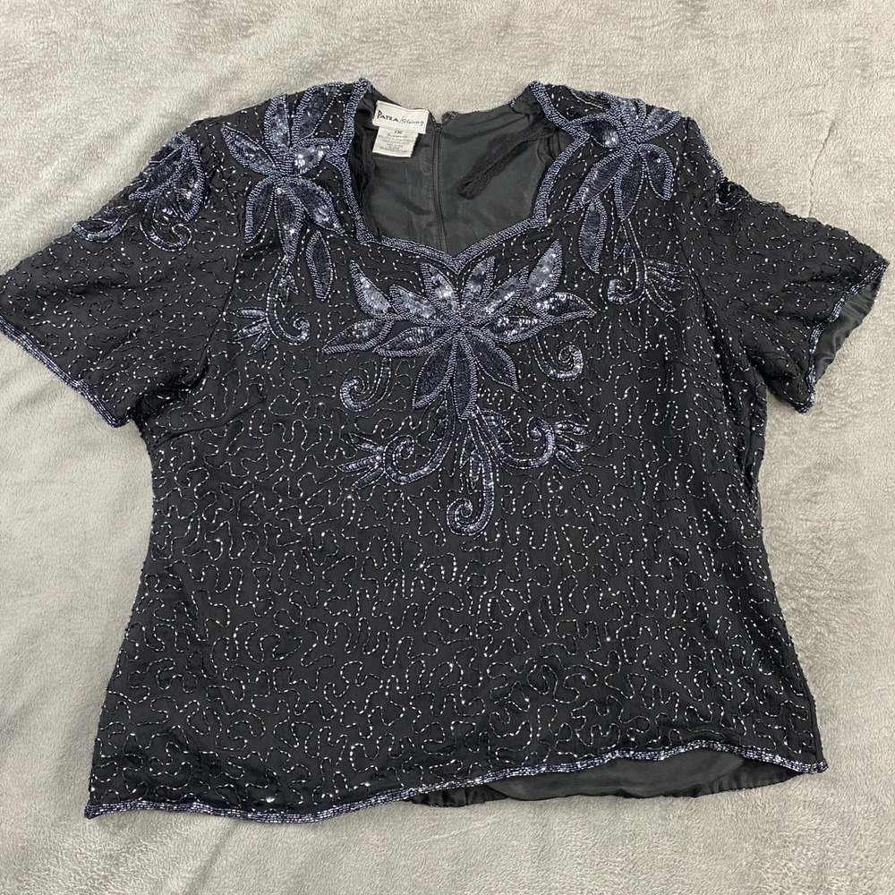 VTG PATRA Stenay Black Beaded Sequin Silk Short Sleeve Top Plus 1X Evening Party